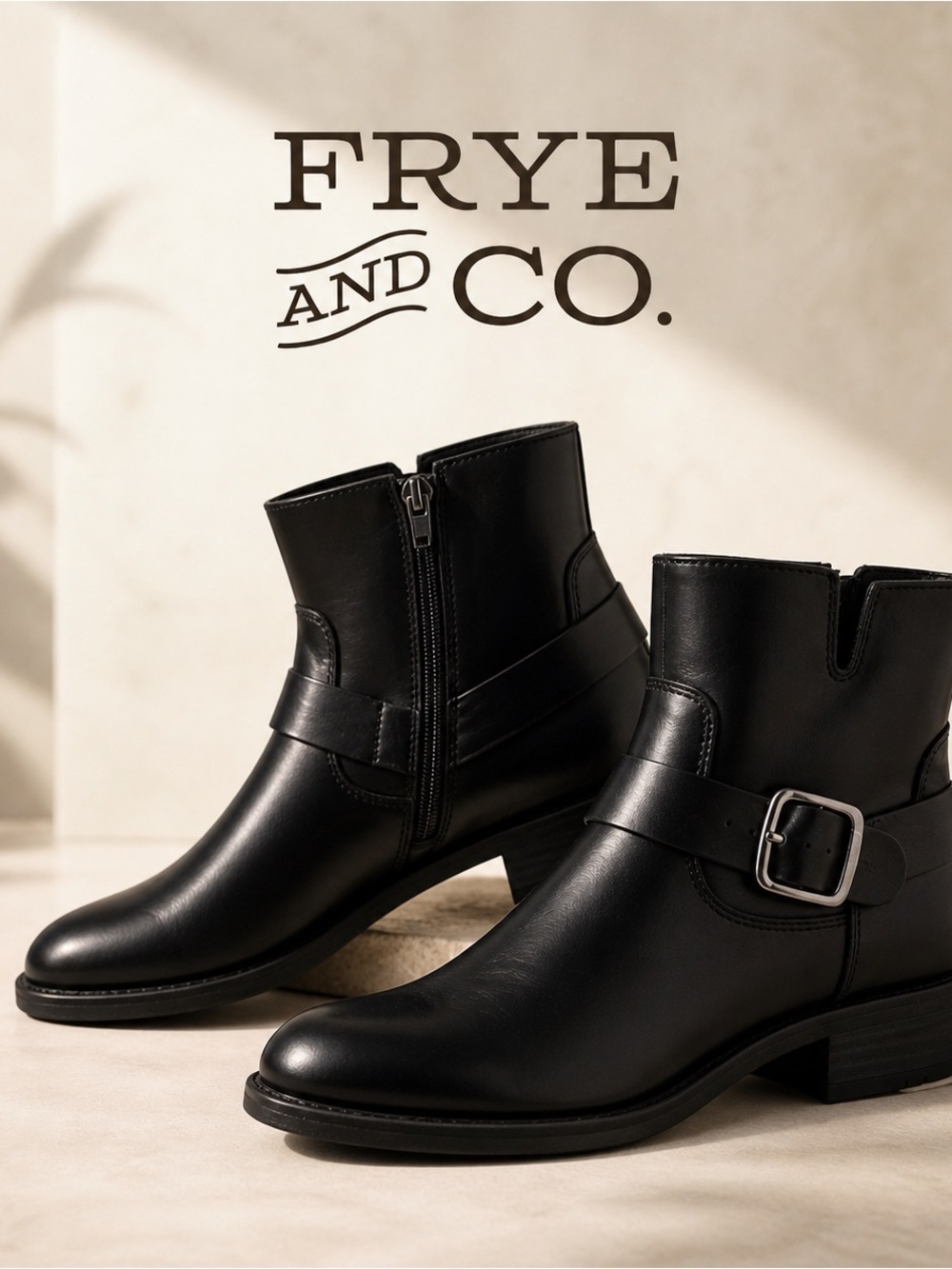 Frye Womens 9M Black Leather Ankle Boots Buckle Zip Casual Biker NWT